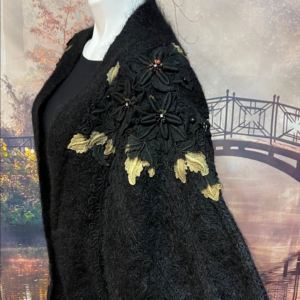 Vintage Rose Song Lined Wool Appliqué Jacket Sweater – Black Floral Beaded - Picture 7 of 17